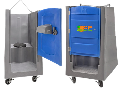 Orange County Pottys OCP crane portable potty designed for high rise construction sites and multi level projects in Central Florida